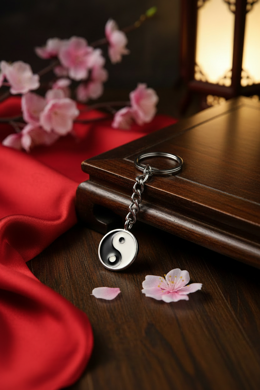 Black and White Enamel Yin Yang Handmade Pewter Charm Keychain placed on mahogany wood with red silk and pink flowers in a decorative Chinese setting.