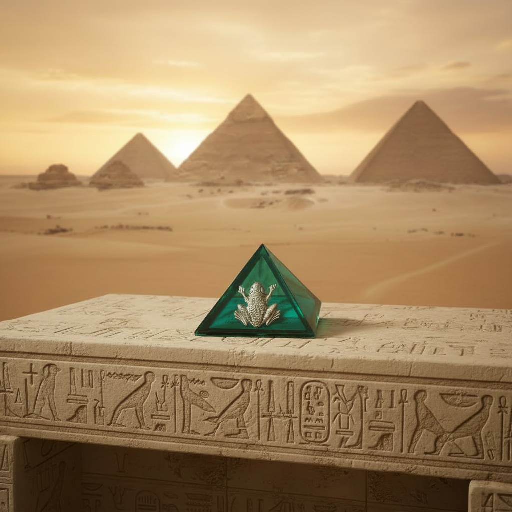 Green Frog Mini Glass Pyramid Keepsake Box on a stone surface with Giza plateau in the background.