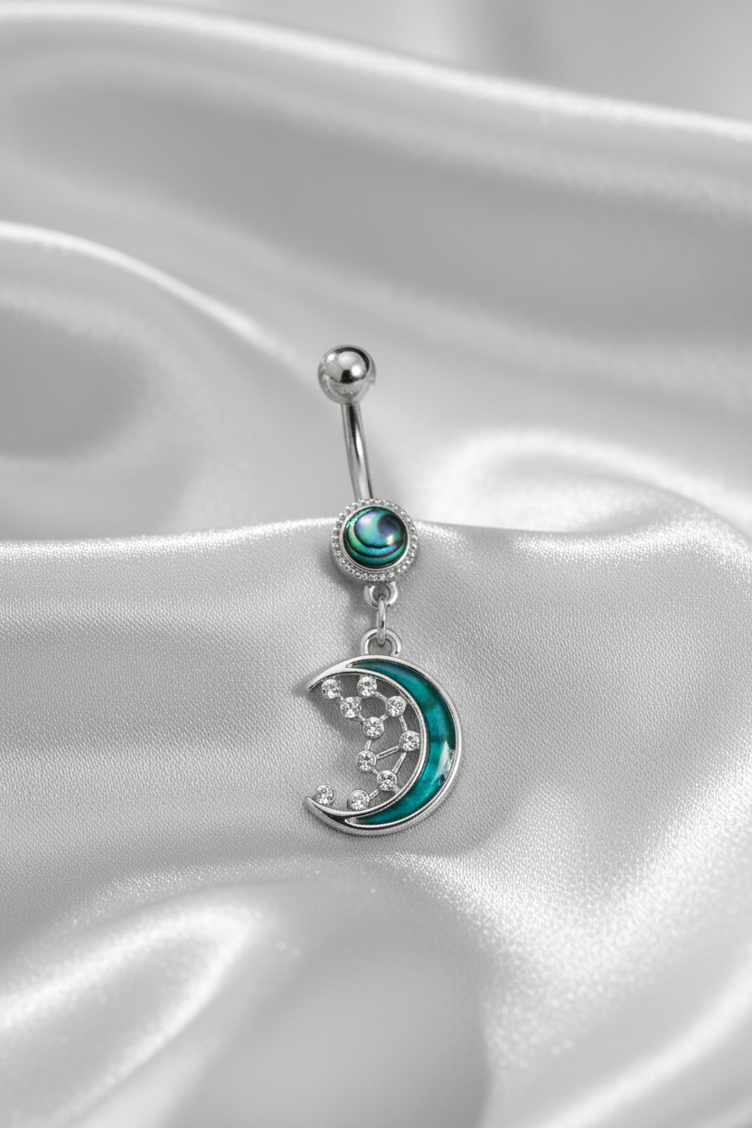 Abalone Moon Belly Button Ring in 316l stainless steel.