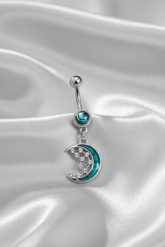 Abalone Moon Belly Button Ring in 316l stainless steel.