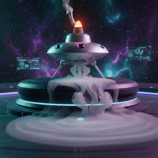 Mini Alien Ship Wooden Back Flow Incense Burner in a cosmic setting with incense burning and smoke flowing downwards like exhaust.