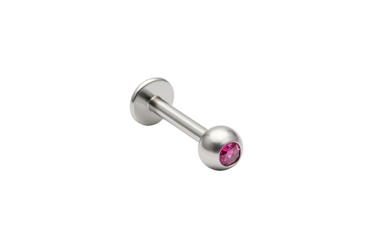 Fuchsia Pink Crystal Labret Lip Ring in 316l stainless steel close up detail.
