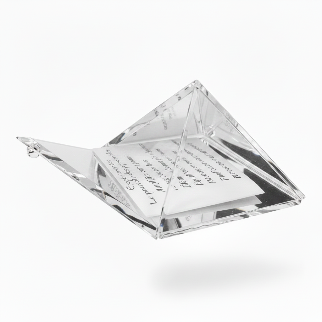 Clear demo mini glass pyramid keepsake box with mirrored base open on a white background side profile.