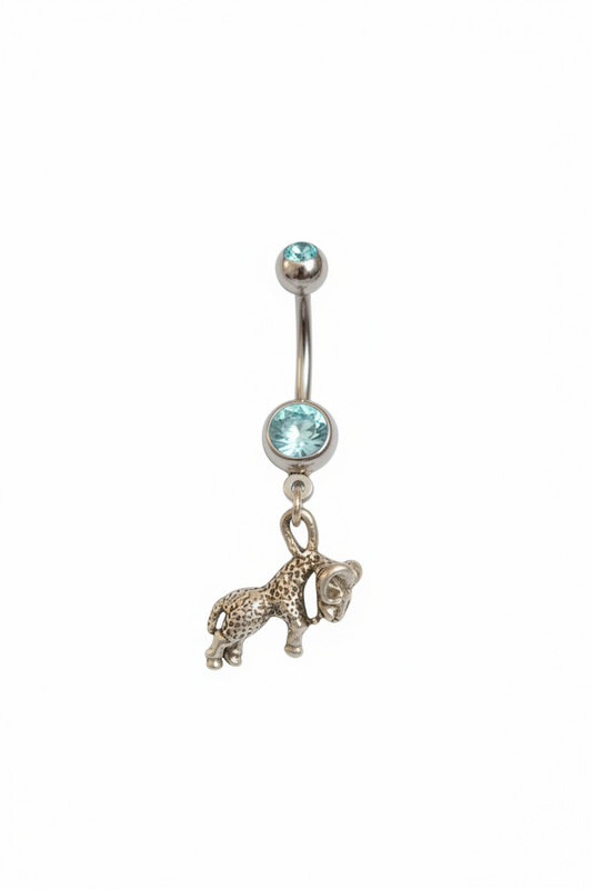 Aqua Crystal Aries Ram Belly Button Ring in 316l stainless steel close up detail.