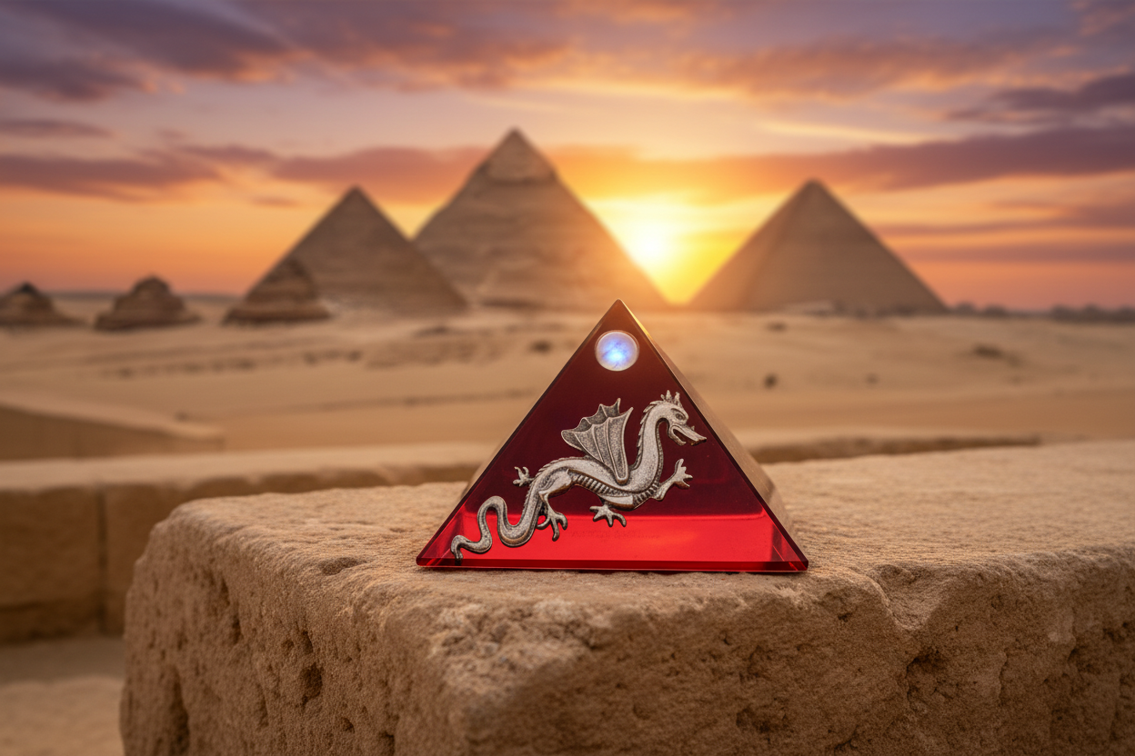 Red Dragon Mini Glass Pyramid Keepsake Box on a stone surface with the Giza plateau in the background.
