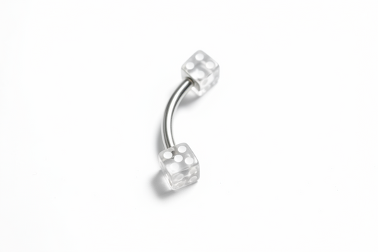 Clear Acrylic Dice Eyebrow Ring in 316l stainless steel close up detail.