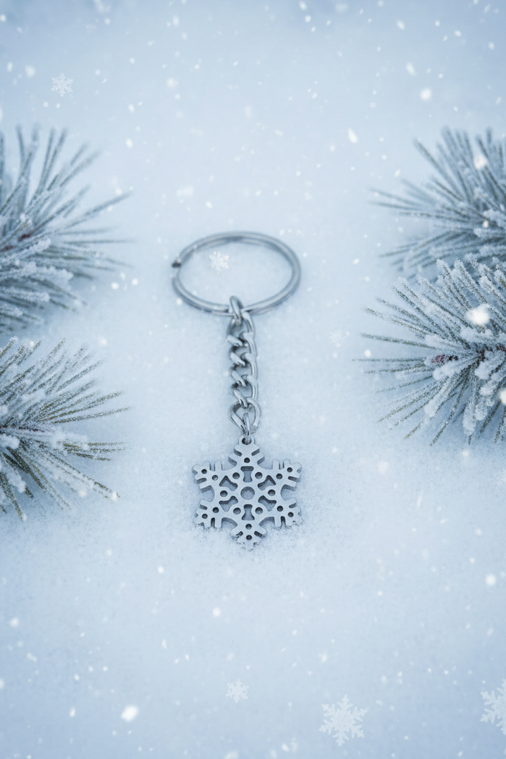 Winter Snowflake Handmade Pewter Charm Keychain lying in snow near pine branches with snow gently falling around it.