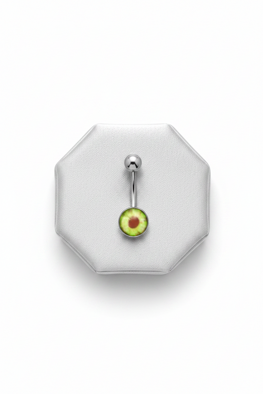 Green Eyeball Belly Button Ring in 316l stainless steel on a silver jewelry display.
