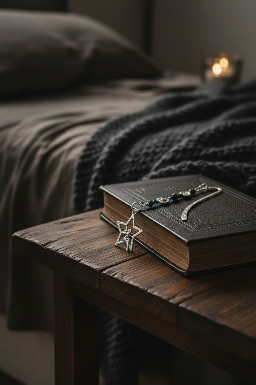 Star & Fairy Handmade Beaded Pewter Bookmark - One of a Kind laying on a book on a bedside table showing glass beadwork.