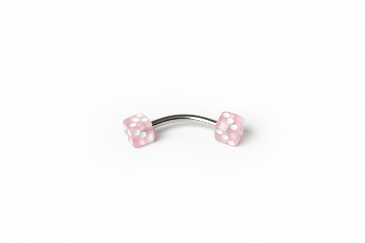 Light Pink Acrylic Dice Eyebrow Ring in 316l stainless steel close up detail.