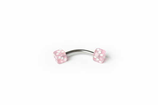 Light Pink Acrylic Dice Eyebrow Ring in 316l stainless steel close up detail.