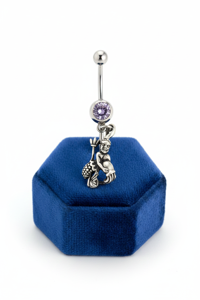Purple Crystal Aquarius Belly Button Ring in 316l stainless steel on a blue velvet jewelry display.