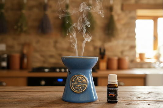 Blue Moon Ceramic Tea Light Essential Oil Warmer burning on a wooden table in a country cottage kitchen with smoke rising shown with free Satya Superhit essential oil.