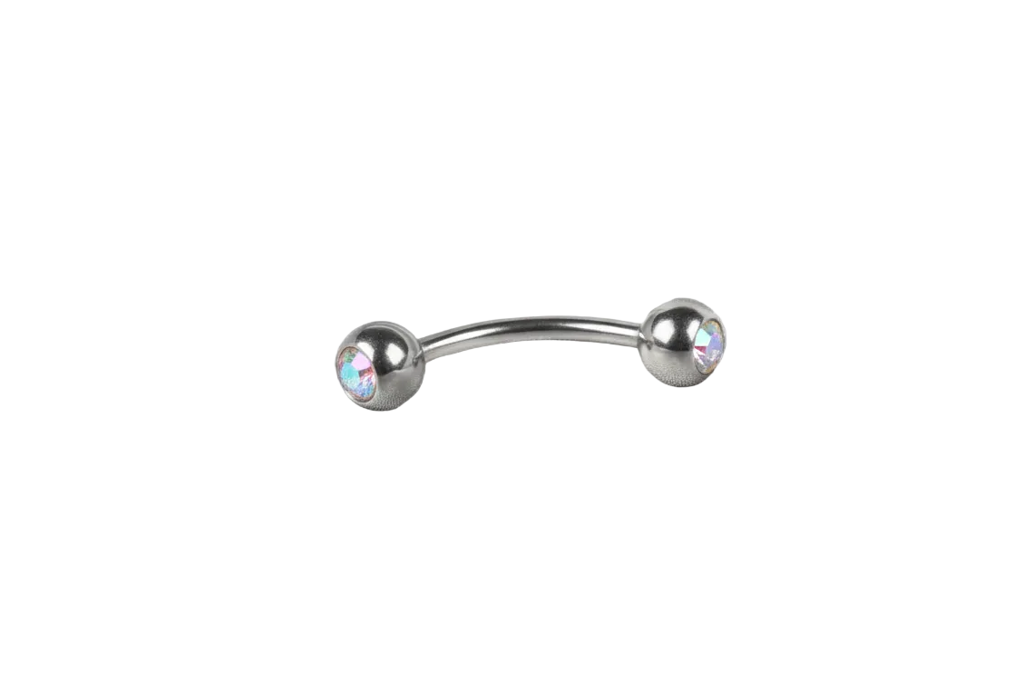 Aurora Clear Crystal Eyebrow Ring in 316l stainless steel close up detail.