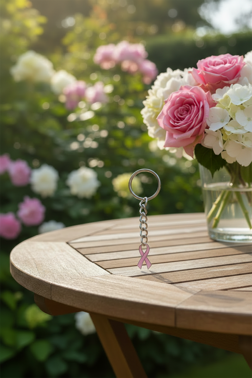 Pink Enamel Ribbon Handmade Silver Plated Charm Keychain on a table in an outdoor garden with a vase of pink roses and white flowers.