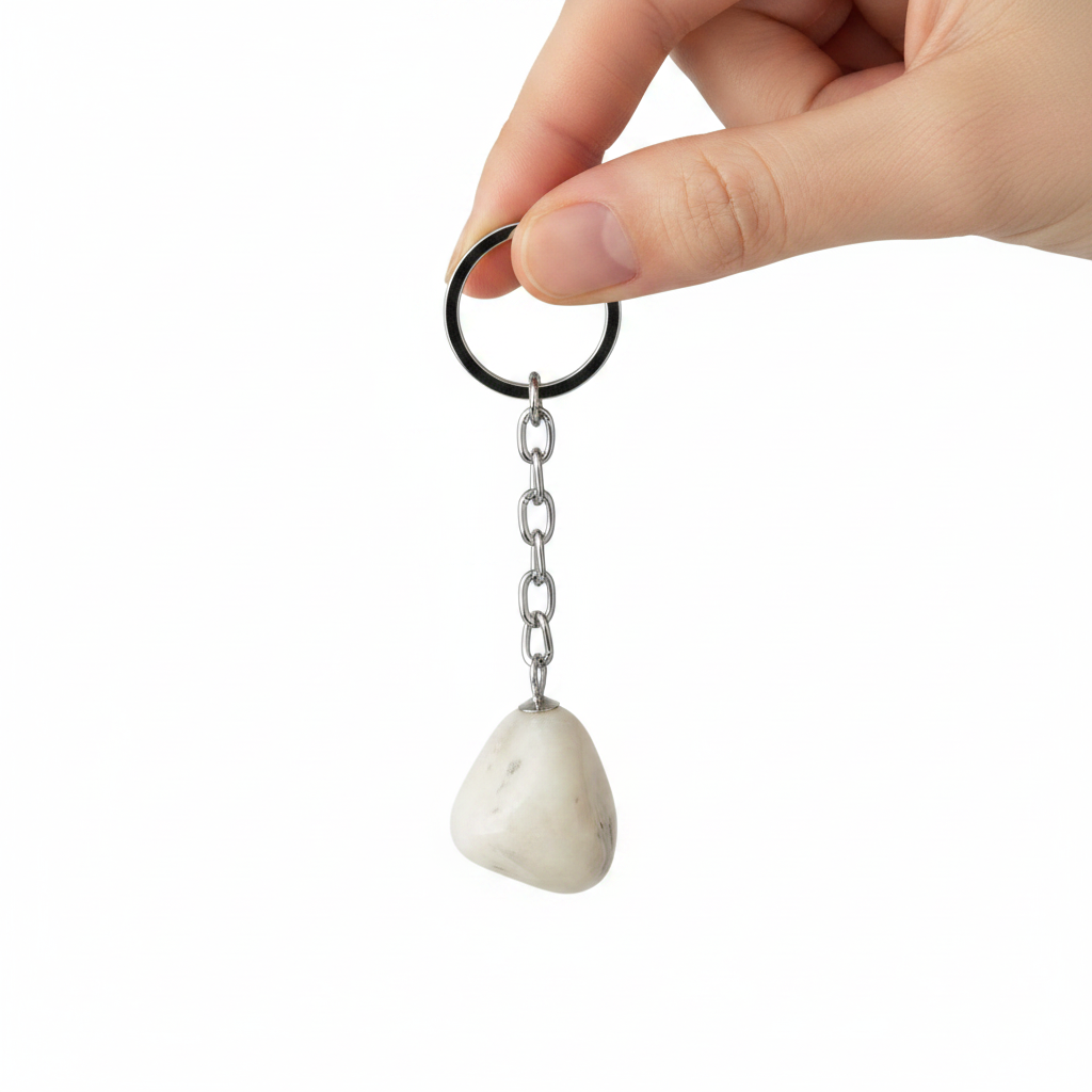 Quartz Natural Earth Stone Handmade Steel Plated Keychain held by a hand showing scale.