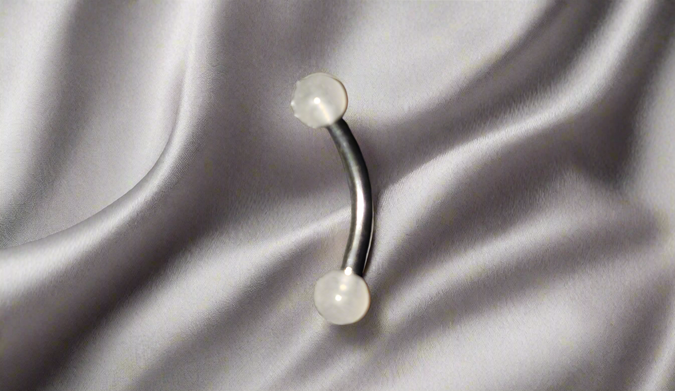 Steel Eye Brow Piercing with White Glow Acrylic Ball Ends