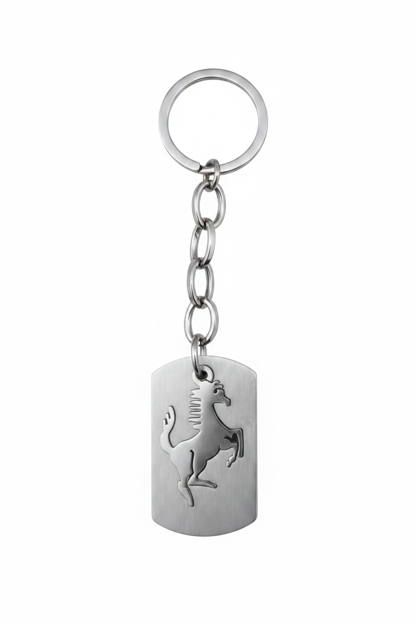 Galloping Horse Handmade 316L Stainless Steel Charm Keychain on a white background.