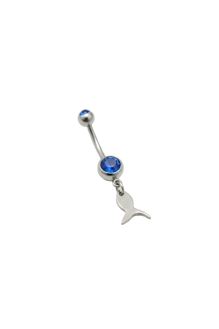 Blue Crystal Steel Fish Belly Button Ring in 316l stainless steel angled right.
