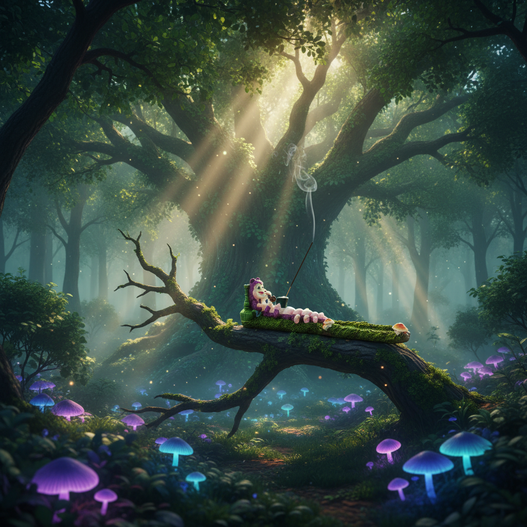 Caterpillar with Mushrooms Resin Incense Holder - Free Incense on the branch of a leafy tree in mystical mushroom forest with incense burning and smoke rising.