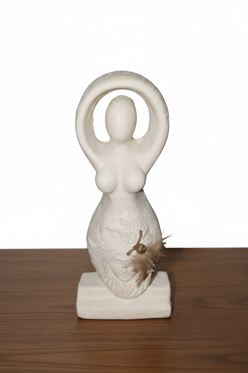 Ancient Goddess Great Eagle Spirit Ceramic Mini Figurine - Altar & Sacred Space on a wooden table with a white background.