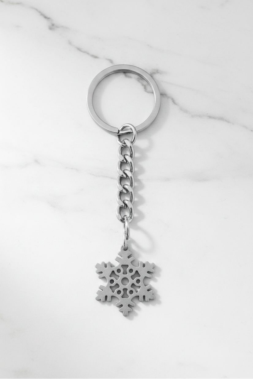 Winter Snowflake Handmade Pewter Charm Keychain on a white marble surface.