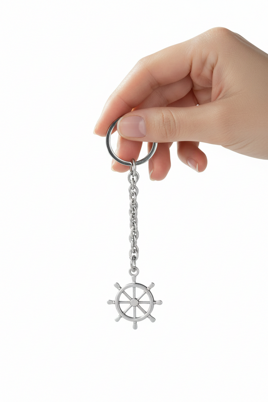 Ship Wheel Handmade Silver Plated Charm Keychain held by a hand showing scale.