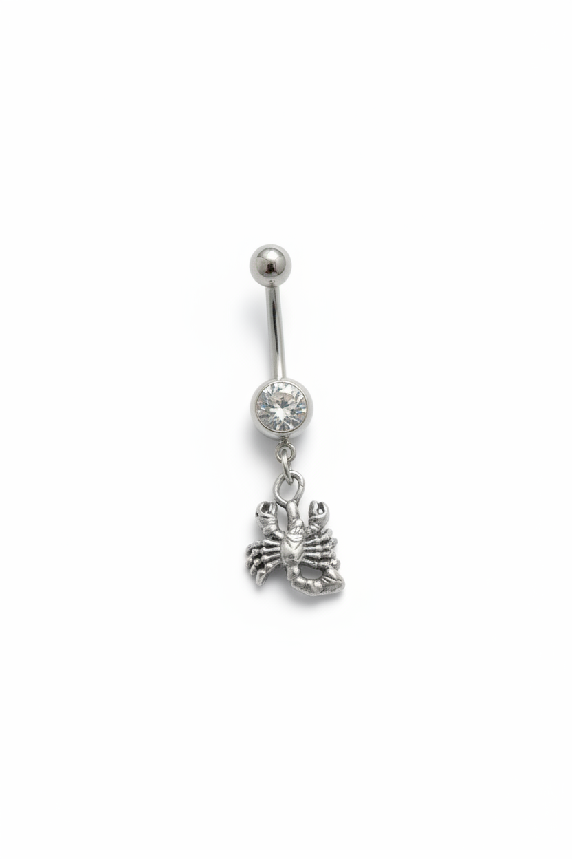 Clear Crystal Scorpio Belly Button Ring in 316l stainless steel close up detail.