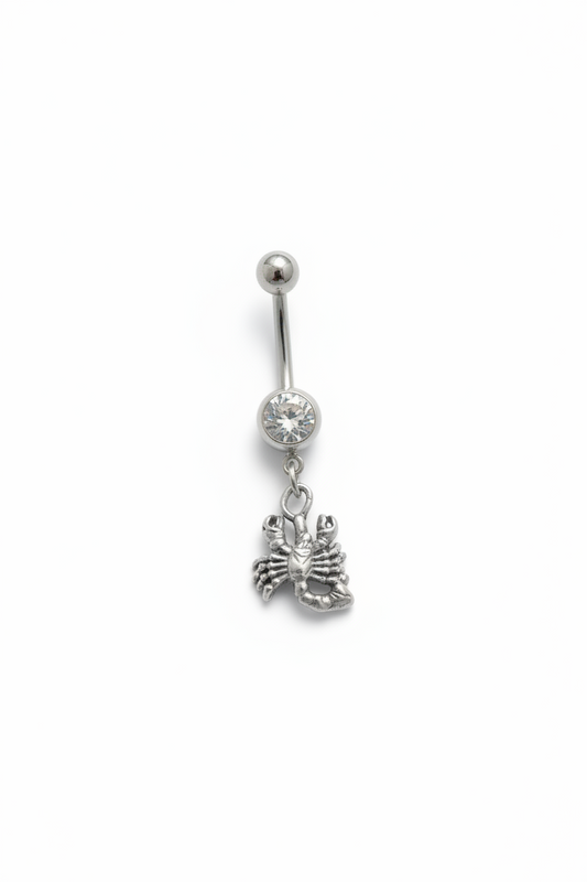 Clear Crystal Scorpio Belly Button Ring in 316l stainless steel close up detail.