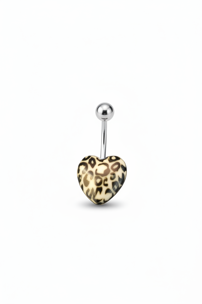 White Leopard Print Heart acrylic belly button ring in 316l stainless steel