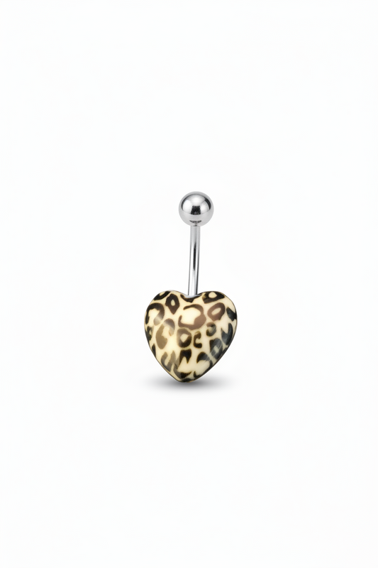 White Leopard Print Heart acrylic belly button ring in 316l stainless steel