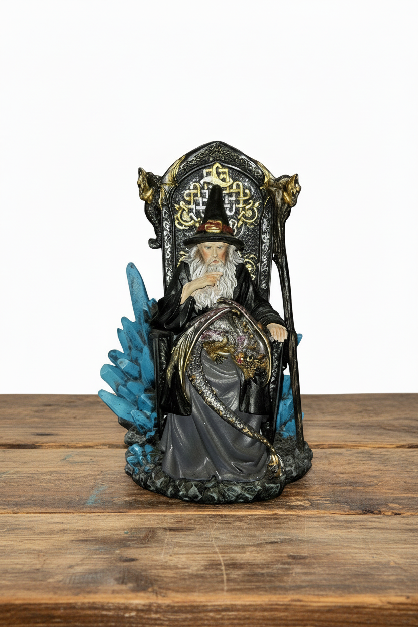 Merlin the Wizard with Dragon Resin Figurine - Mystical Home Decor on a wooden table with a white background.