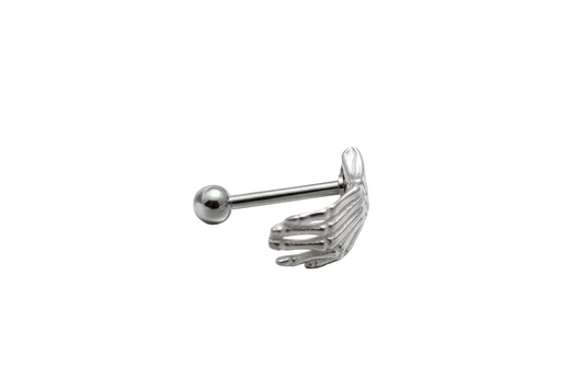 Steel Skeleton Hand Eyebrow Ring in 316l stainless steel close up detail.