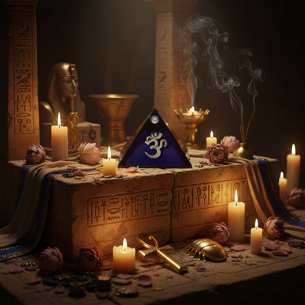 Purple Ohm Symbol Mini Glass Pyramid Keepsake Box on an Egyptian altar.
