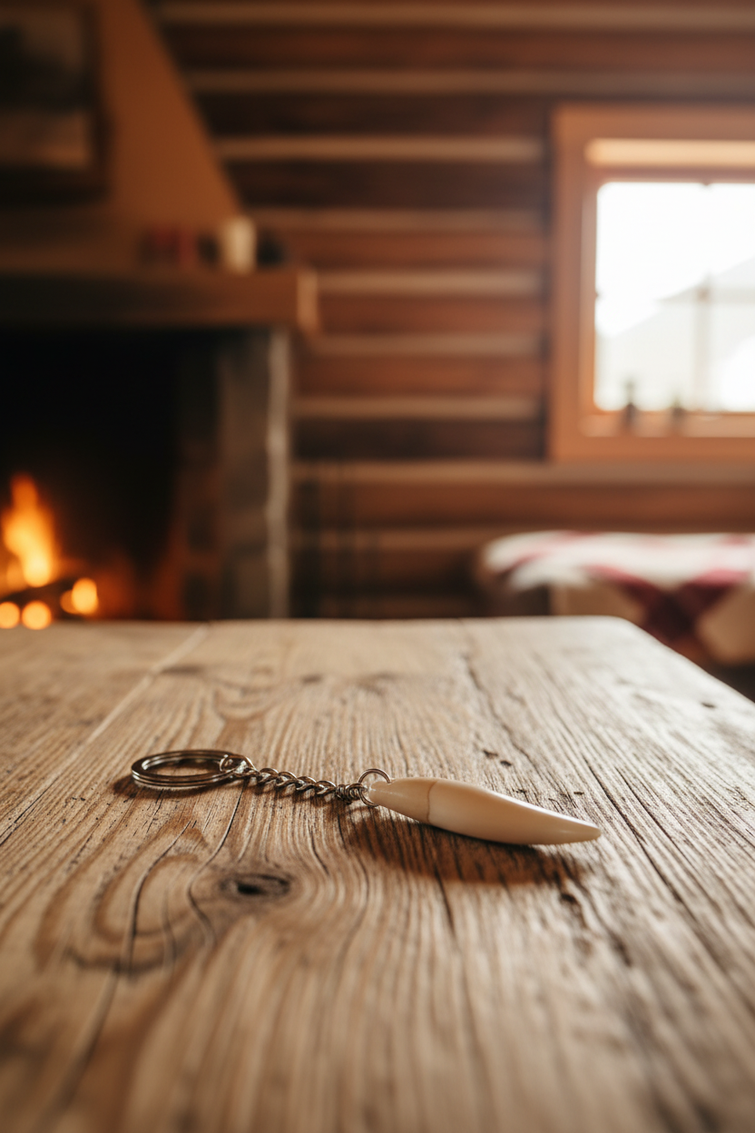 Authentic N.S Bear Tooth Handmade Steel Plated Keychain on a wooden table in a log cabin near a lit fireplace.