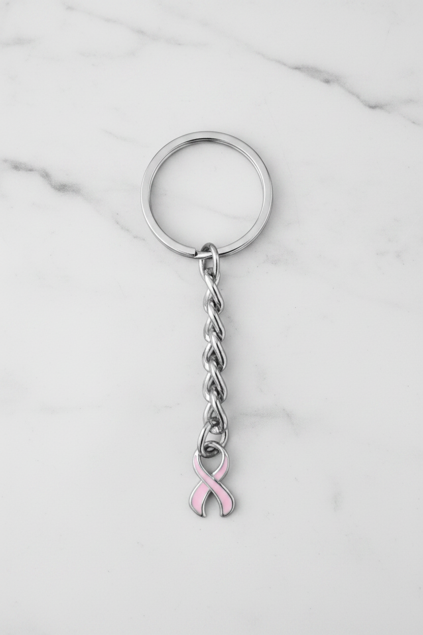 Pink Enamel Ribbon Handmade Silver Plated Charm Keychain on a white marble surface.