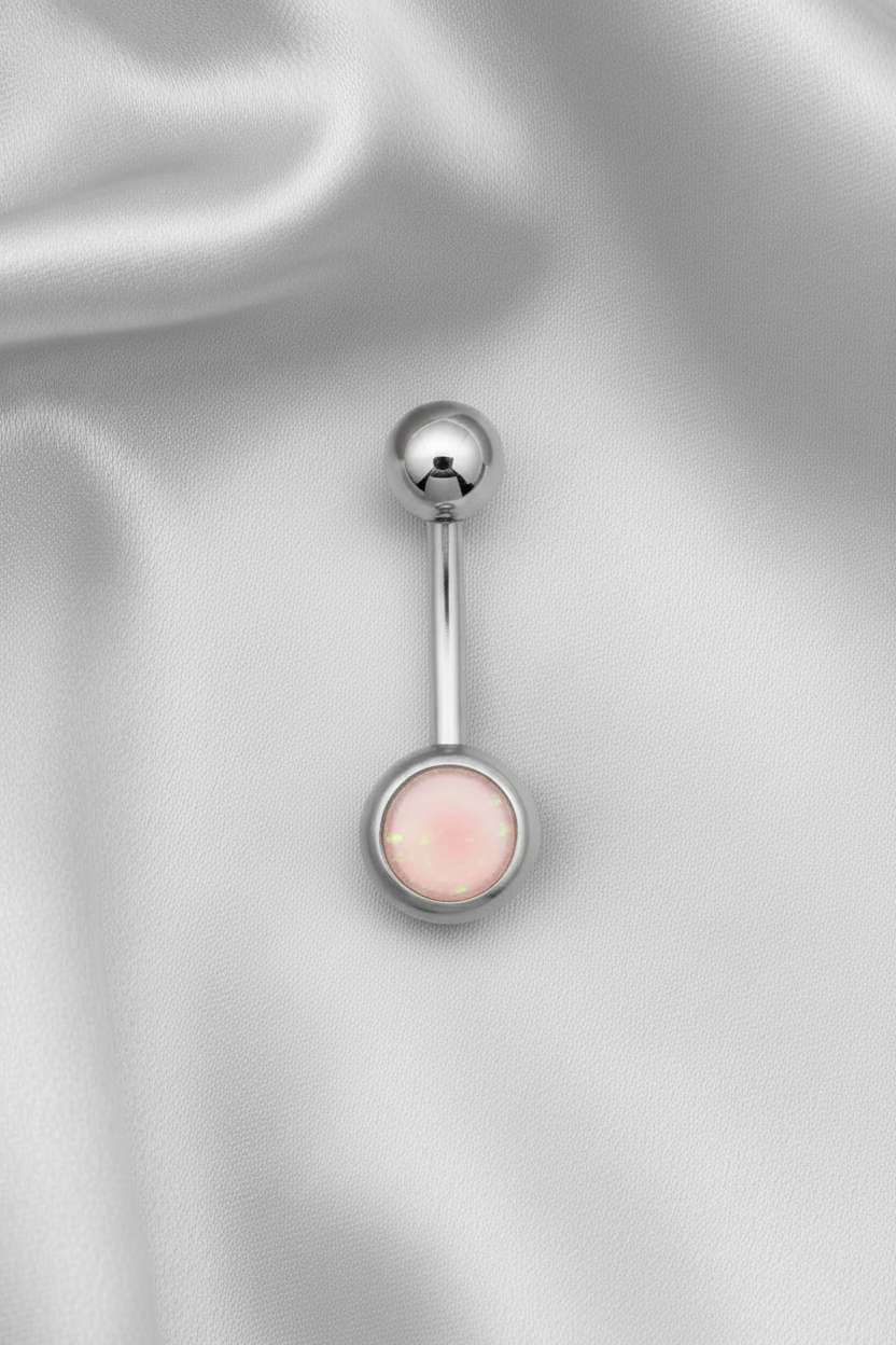 Pink Opal belly button ring in 316l stainless steel