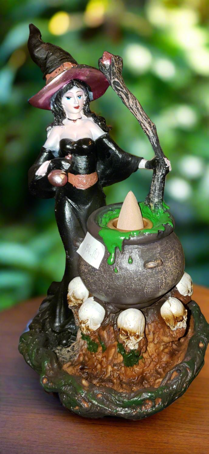 Busy Witch with Bubbling Cauldron Back Flow Incense Burner