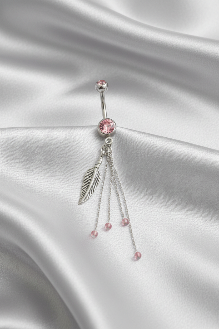 Pink Crystal Feather Chain Belly Button Ring in 316l stainless steel.
