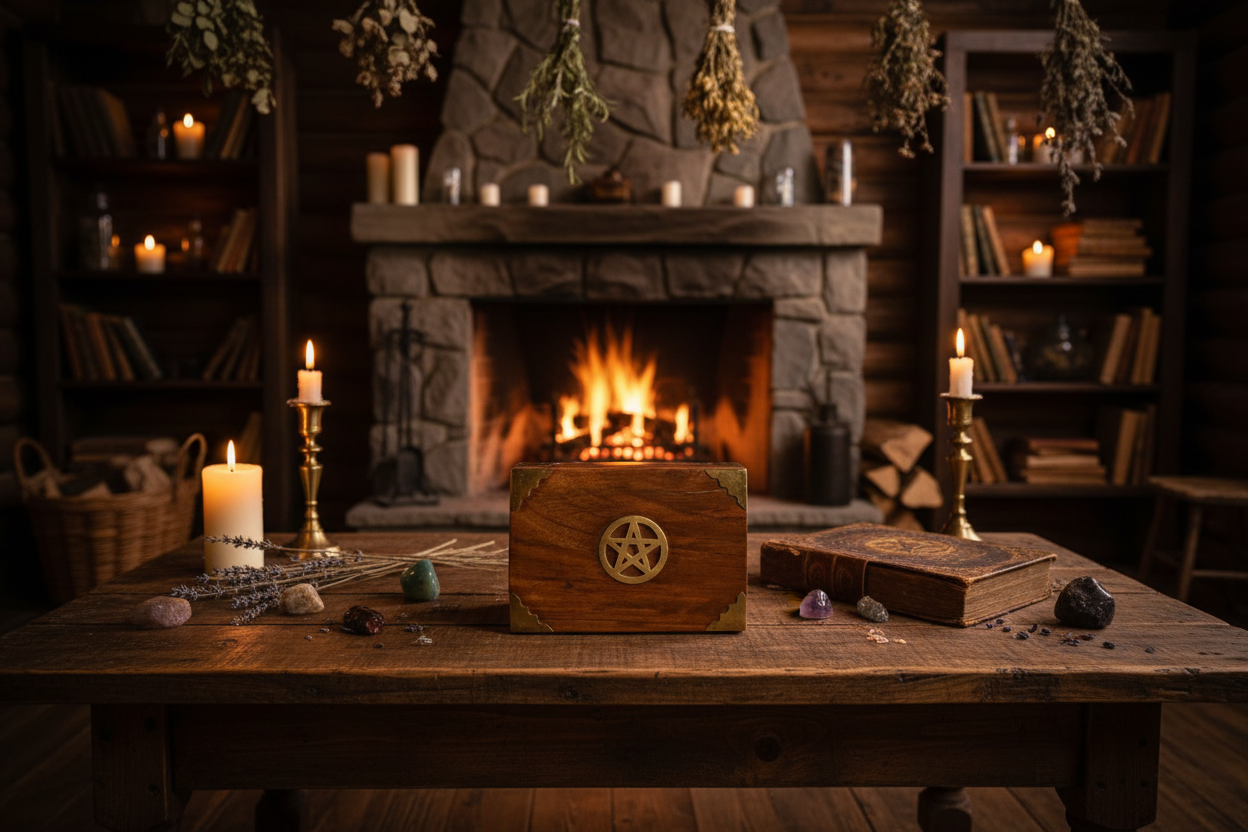 Brass Pentacle Wooden Keepsake Box on a coffee table in the living room of a mystic log cabin.