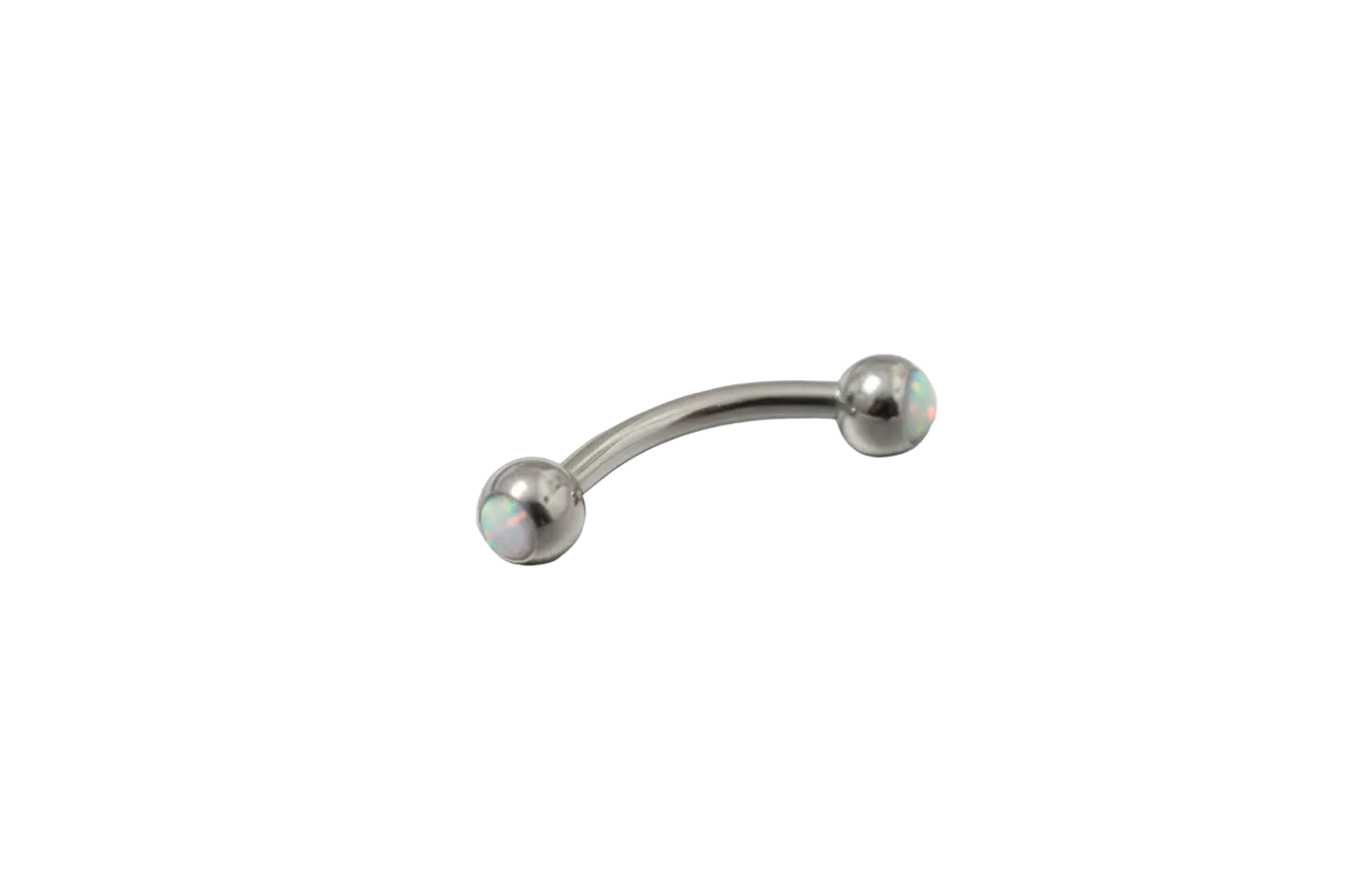 White Opal Eyebrow Ring in 316l stainless steel close up detail.