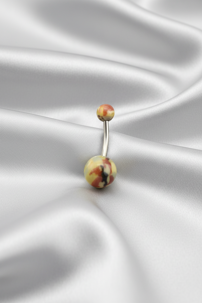 Green and Brown Camouflage acrylic belly button ring in 316l stainless steel