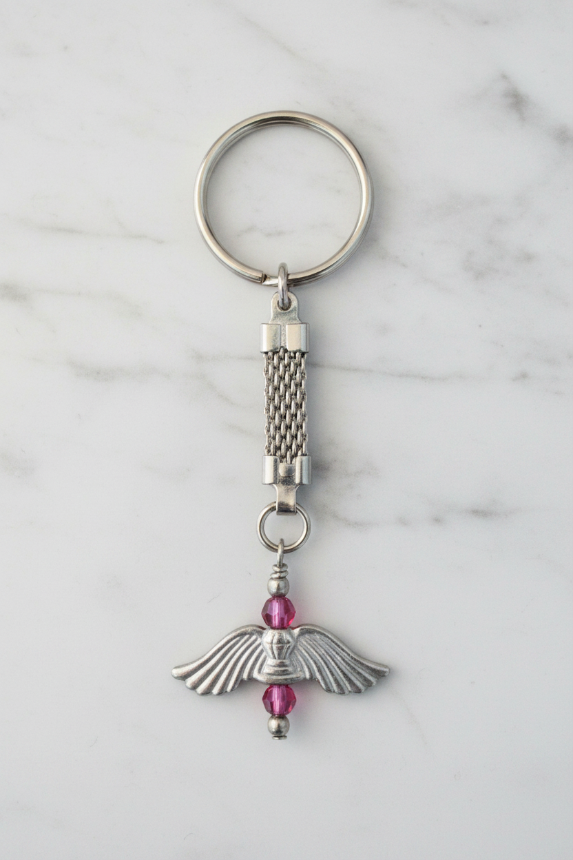 Pink Swarovski Crystal Wings Handmade Silver Plated Charm Keychain on a white marble surface.