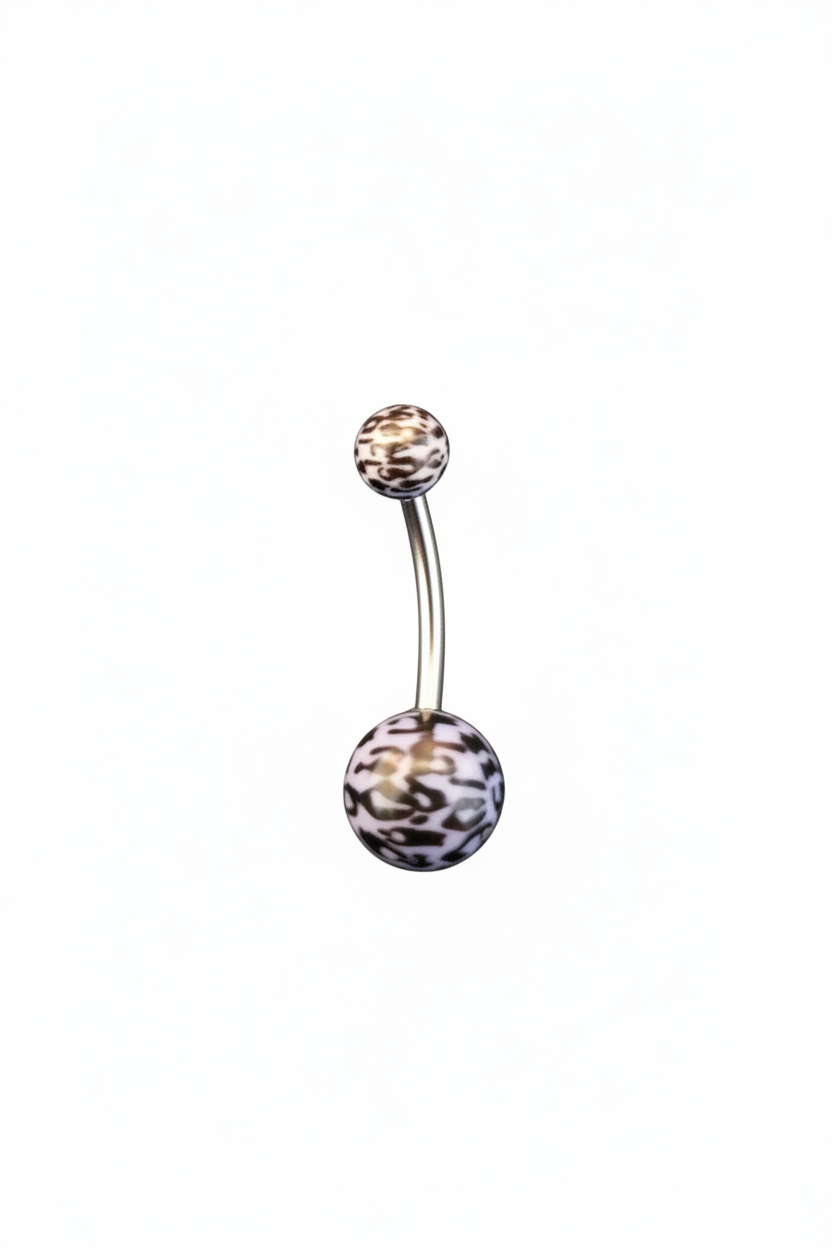 Blue Leopard Print Acrylic Belly Button Ring in 316l stainless steel on a white background.