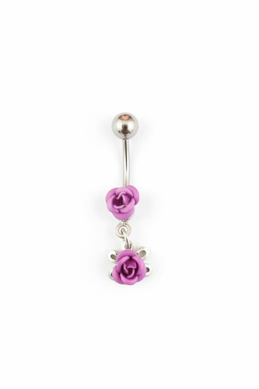 Double Purple Rose Belly Button Ring in 316l stainless steel close up detail.