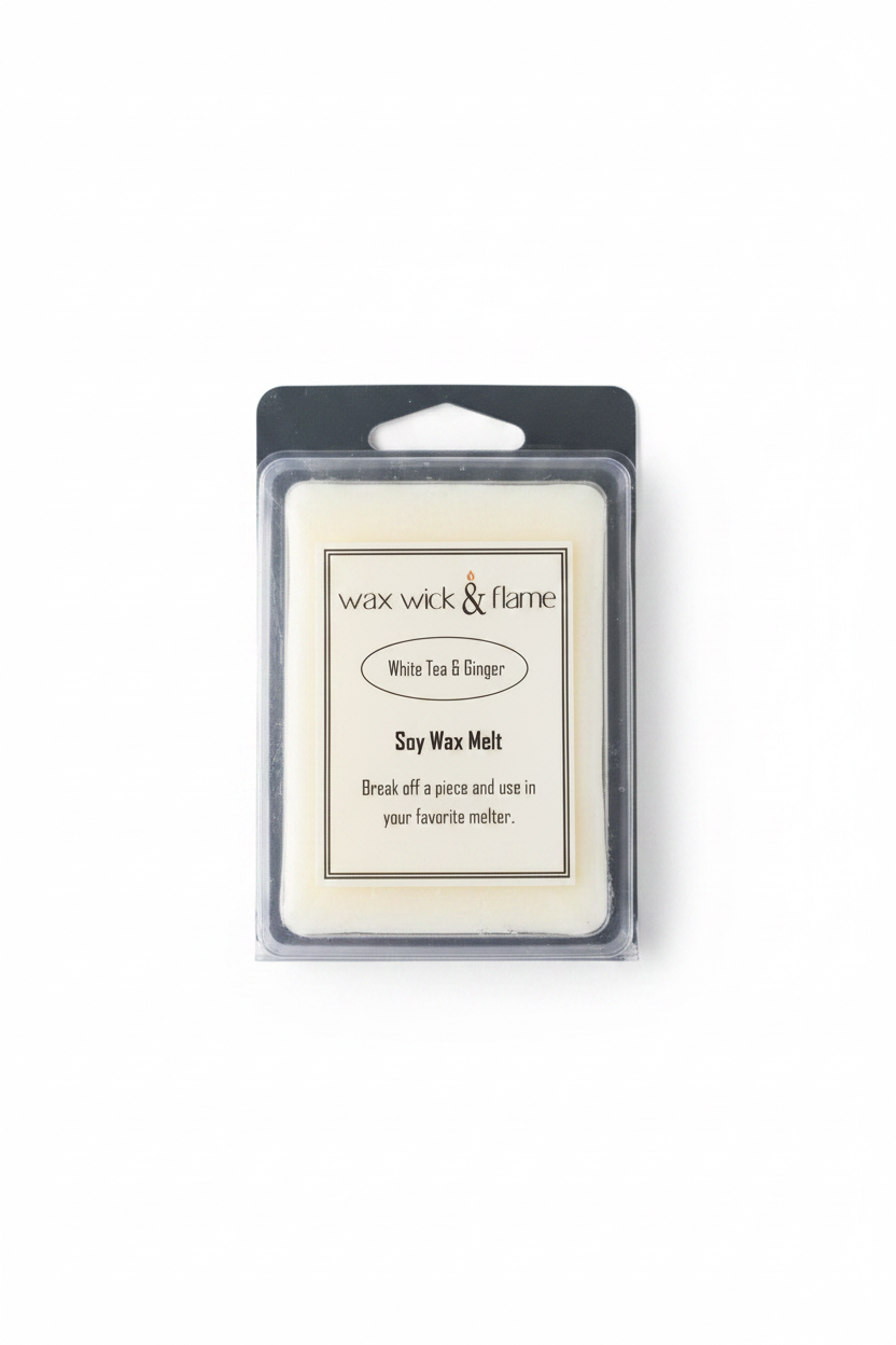 White Tea and Ginger Organic Soy Scented Wax Melts on a white background showing label.