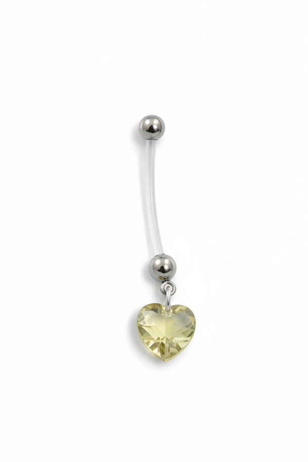 Green Crystal Heart Acrylic Pregnancy Belly Button Ring in 316l stainless steel close up detail.