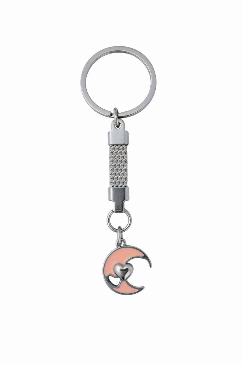 Pink Enamel Moon with Heart Handmade Steel Plated Keychain on a white background.