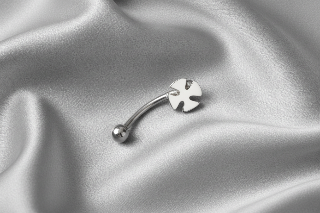 White Maltese Cross Eyebrow Ring in 316l stainless steel.