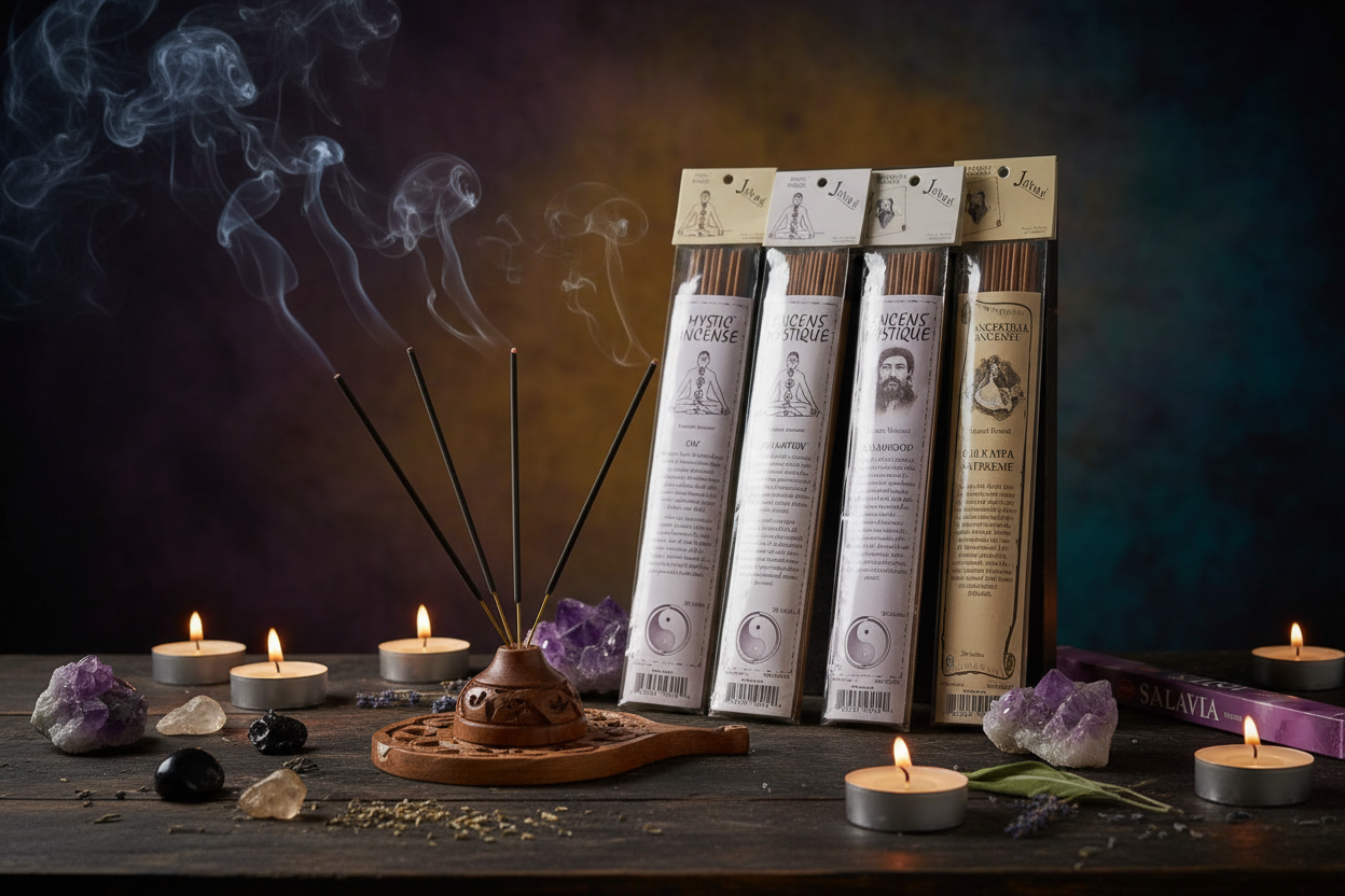 Spiritual Harmony Incense Variety Gift Package burning in a mystic setting with smoke rising.